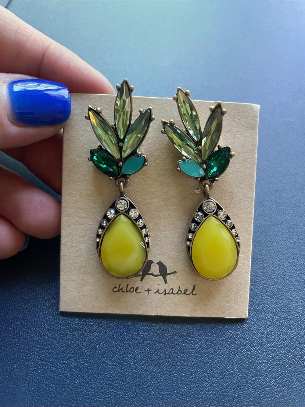 Chloe + Isabel Yellow Teardrop Earrings with Green Crystal Accents